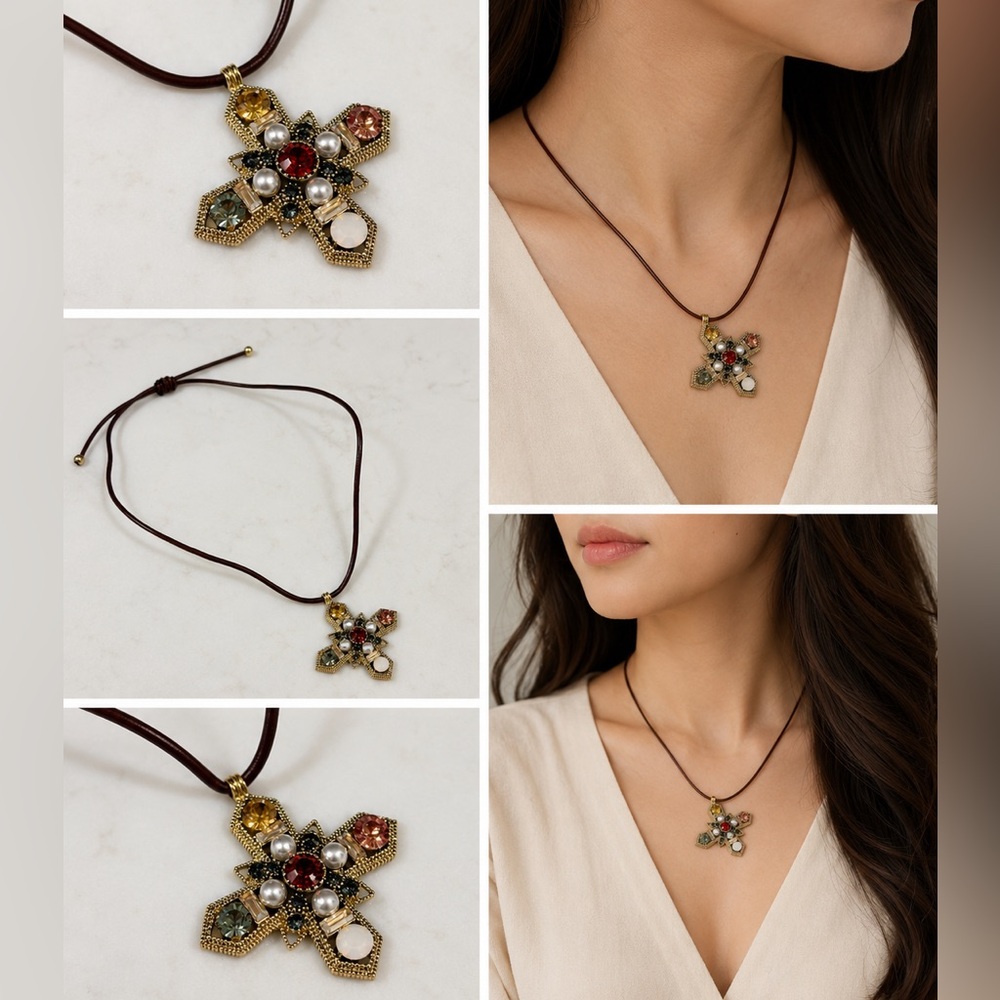 Handcrafted Multicolor Cross Pendant Necklace with Adjustable Leather Chain